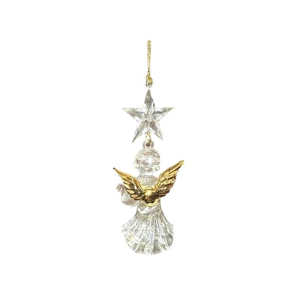 Clear Acrylic Angel Ornament With Gold Wings & Star Holiday Decoration 3.5" - Picture 6 of 14